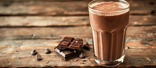 Poster - Chocolate milk in a glass on a wooden table with a copy space image suitable for text Refreshing dairy beverage
