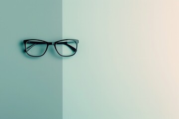 Sticker - Black eyeglasses with clear lenses lie on a flat, pale green and white surface. Generative AI