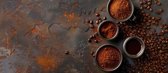 Aufkleber - Top view of a coffee cup beans and ground powder on a stone background with copy space image
