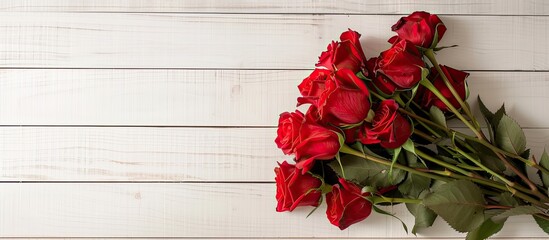 Poster - A bold bouquet of red roses displayed as a gift on a sleek white wooden table hinting at celebrations like Women s Day or St Valentine s with plenty of room for a creative copy space image