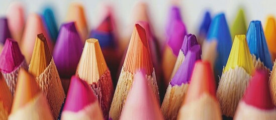 Aufkleber - Color pencils stand out on a white backdrop detailed in a close up shot with a very limited focus set against a blank copy space image