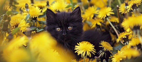 Poster - A black kitten with fluffy fur is concealed amidst vivid yellow dandelions in a horizontal banner style image with copy space