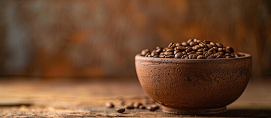 Poster - Coffee filled clay cup with grains in the background perfect for a copy space image