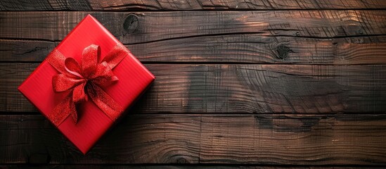 Leinwandbilder - Top view of a desktop with a red gift box creating a charming composition on a wooden surface providing an attractive copy space image