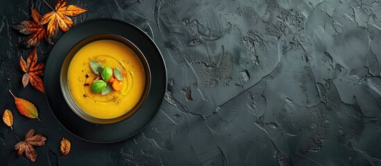 Aufkleber - Top view of a classic pumpkin soup presented on a dark slate table with ample copy space image
