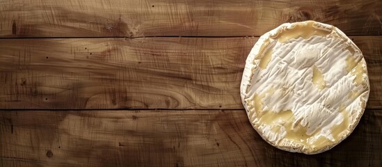 Sticker - Top view of brie cheese on a wooden backdrop with free copy space image available