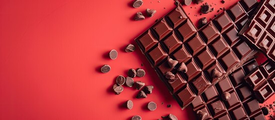 Chocolate waffle bars arranged on a red background for a sweet food concept composition in a flat lay setting with copy space image