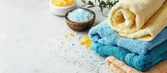 Aufkleber - Bath towels and spa salt displayed on a white table with copy space image