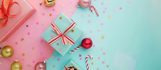 Poster - Top down view composition of a colorful gift box and cute decorations on a pastel background perfect for Christmas and The New Year with copy space image