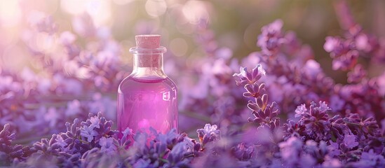 Poster - Aromatherapy glass bottle filled with lavender oil displayed over fresh flowers creating a serene copy space image