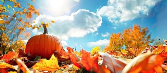 Sticker - Autumnal leaves and a pumpkin against a sky copy space image represent the fall harvest