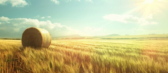 Poster - Countryside field at noon with a hay bale in daylight Includes copy space image