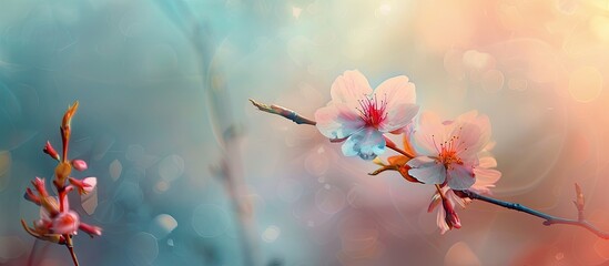 Leinwandbilder - Cherry blossom on a spring tree branch against an artistic background with focus and room for text in the image. Creative banner. Copyspace image