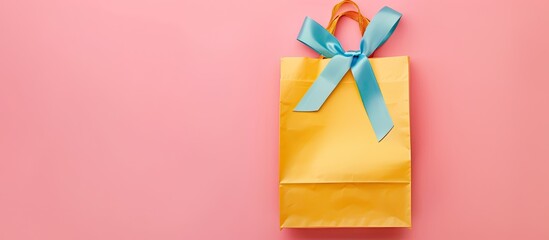 Poster - Top view of a brightly colored gift bag with ribbon on a pink background perfect for holiday occasions with copy space image