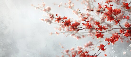 Fototapete - Capture the essence of spring with lovely blooming branches against a white backdrop perfect for adding text in the copy space image