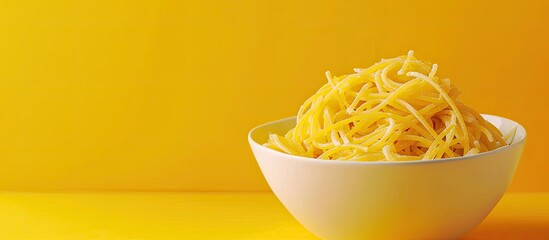 Poster - Colorful close up view of a bowl of freshly cooked spaghetti pasta on a yellow background designed with copy space for promotion of Italian cuisine