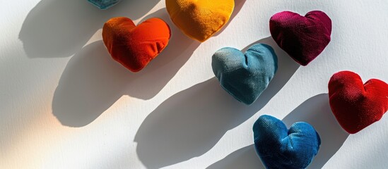 Poster - Colorful velvet paper hearts on a white surface casting shadows and light creating an abstract background with texture for a copy space image