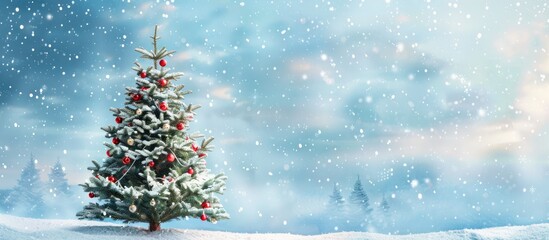 Poster - A Christmas tree adorned with snowy landscape creates a festive scene providing ample copy space for text or a greeting card