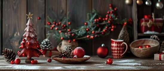 Poster - Christmas themed interior with handmade decorations on a dark wooden backdrop ideal for a copy space image