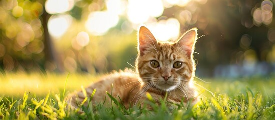 Poster - A cat on green grass with a blurred backdrop gazing at the camera in a shot with ample copy space image