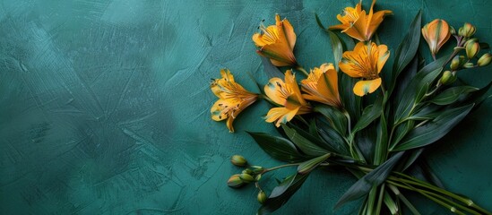Fototapete - Top view bouquet of yellow Alstroemeria flowers on a green background with copy space image