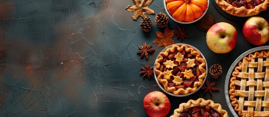 Poster - Top view of assorted Thanksgiving pies with pumpkins and apples showcasing copy space image Traditional fall apple and pumpkin pies for the autumn season holiday