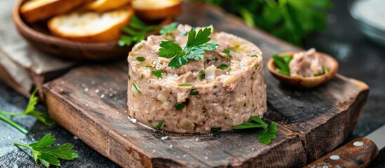 Poster - Chicken pate garnished with parsley on a cutting board on a stone background providing space for your text s addition. Creative banner. Copyspace image