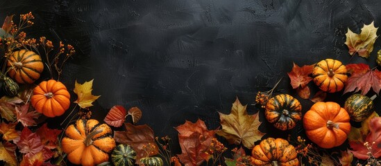 Fototapete - Autumn display of colorful pumpkins and leaves against a black backdrop with space for text in the image. Creative banner. Copyspace image