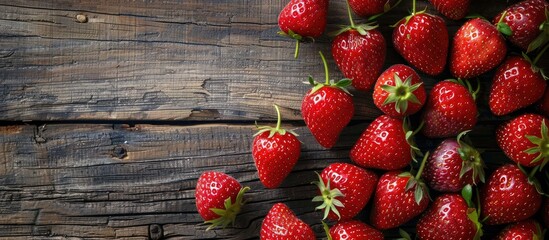 Poster - A close up image of ripe red strawberries from a farm displayed for sale at a supermarket set against a wooden background with copy space