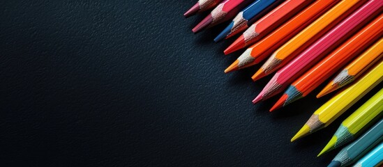 Aufkleber - Close up shot of color pencils arranged diagonally on a black background with a cool palette creating a visually appealing copy space image