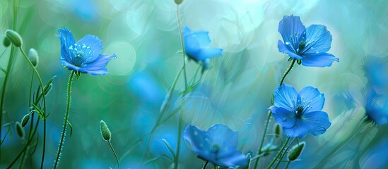 Poster - Blue wildflowers on a blue green backdrop with copy space image