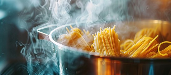Aufkleber - Close up of spaghetti cooking in a stainless steel pot with copy space image