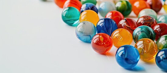 Poster - Close up macro photo of colored marbles on a white background with copy space image