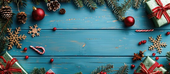 Leinwandbilder - A blue wooden table displaying Christmas items with available copy space for a festive background image