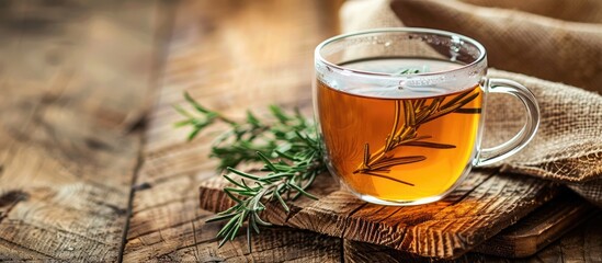 Aufkleber - A cup of fragrant herbal tea and rosemary on a rustic wooden table with a blank background for text or other content in the photo known as a copy space image