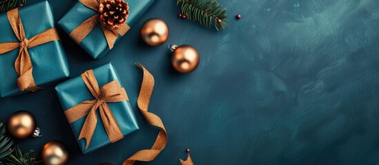 Poster - Christmas presents wrapped in blue craft paper with ribbon Christmas balls and a festive copy space image