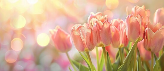 Poster - A charming arrangement of pink tulips on a soft pastel backdrop perfect for a greeting card with ample copy space image