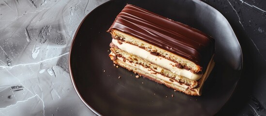 Poster - Chocolate topped eclair cake viewed from above with ample copy space for different images