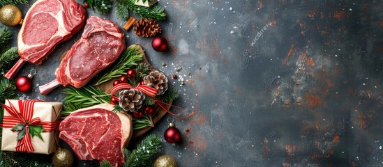 Poster - Christmas themed display of assorted raw beef steaks like Ribeye tomahawk T bone on a stone backdrop with tree toys and room for your text in the copy space image