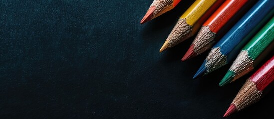 Aufkleber - Close up shot of color pencils arranged diagonally on a black background with a cool palette creating a visually appealing copy space image