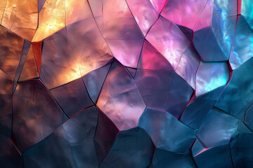 Poster - Futuristic metallic geometric pattern with a radiant gradient effect in shades of cyan and magenta,