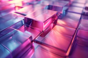 Poster - Futuristic metallic geometric pattern with a radiant gradient effect in shades of cyan and magenta,