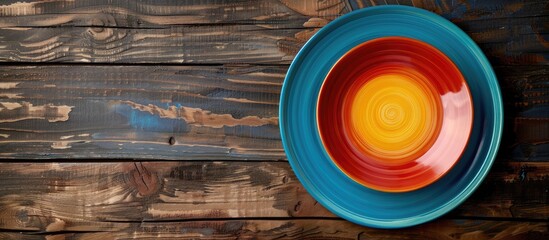 Leinwandbilder - View from above of a colorful plate on wood backdrop with copy space image for design