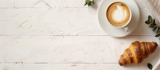 Canvas Print - Copy space image of coffee and croissant arranged on a white wooden table