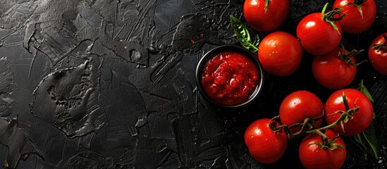 Poster - Black background texture with tomato sauce creates an alluring copy space image