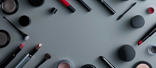 Poster - Different cosmetics displayed on a gray backdrop with ample copy space in a top down perspective