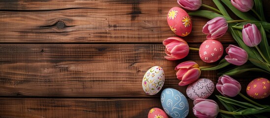 Fototapete - Decorative Easter eggs with tulips on a wooden backdrop with copy space image