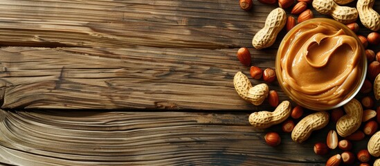 Poster - Close up photo of peanut butter and peanuts on a wooden background emphasizing food and party themes with available copy space for text