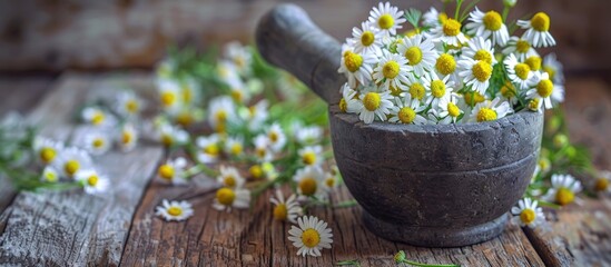 Poster - Chamomile flowers arranged in a mortar resting on a rustic wooden table creating a serene and inviting copy space image