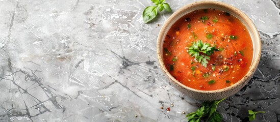 Aufkleber - Cold gazpacho soup in a bowl on a light stone background with ample copy space image promoting a healthy food concept